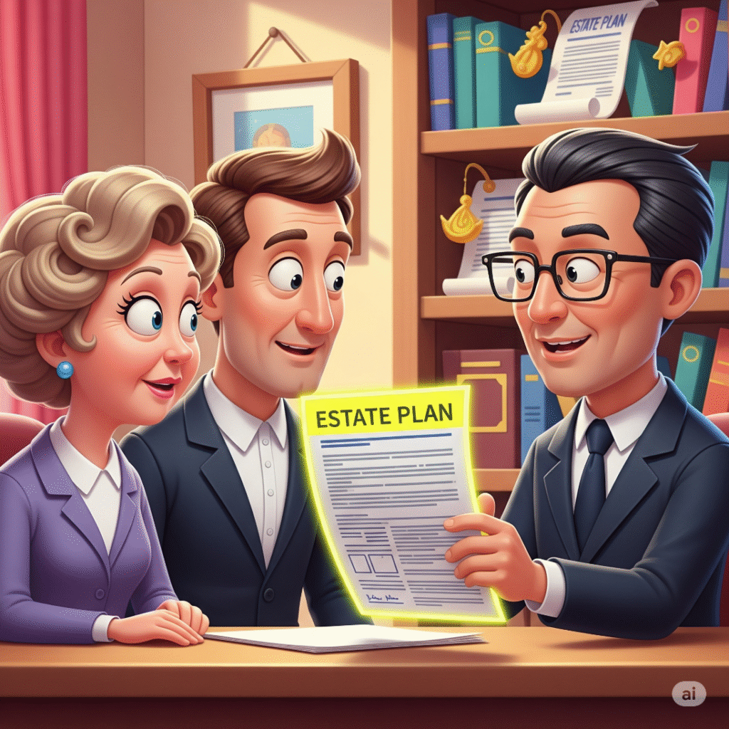 Mature couple meeting with an estate planning attorney, holding hands over signed legal documents.