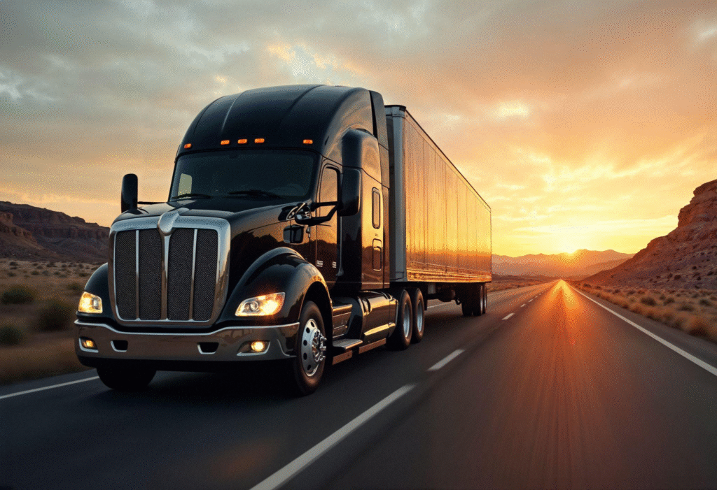 a long 18-wheeler on a highway during sunset