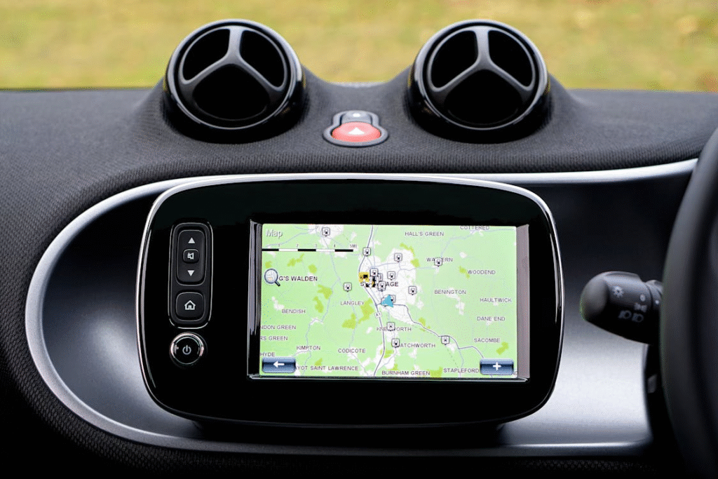 a GPS monitor system in a black vehicle