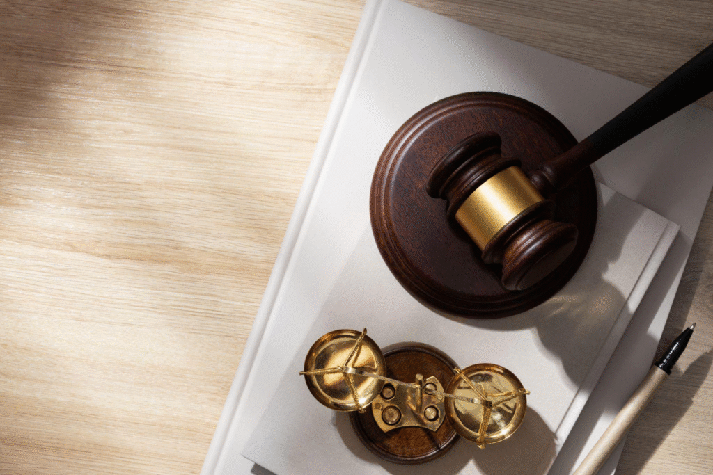 top view of a desk at a law office with a gavel on top of white books