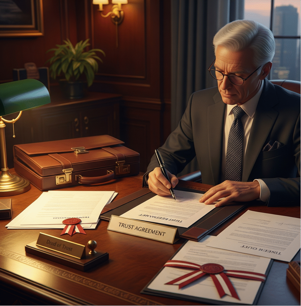 a man sitting in an office while signing a trust agreement