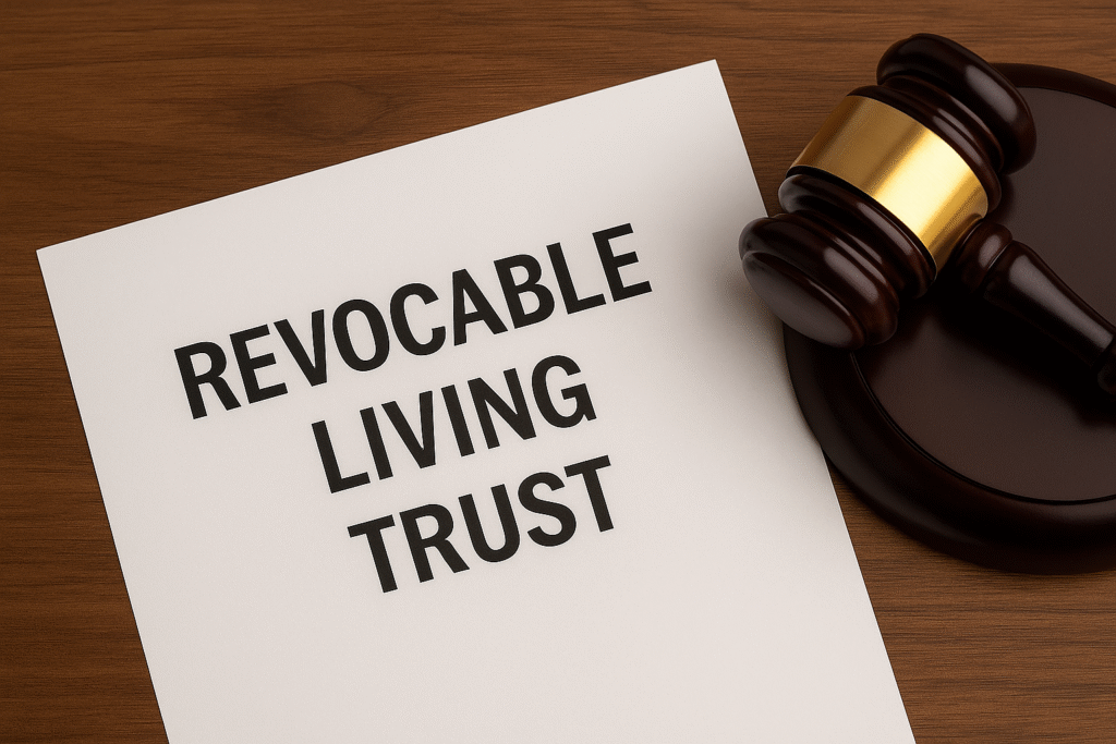 a paper saying “revocable living trust” placed on a wooden table with a gavel