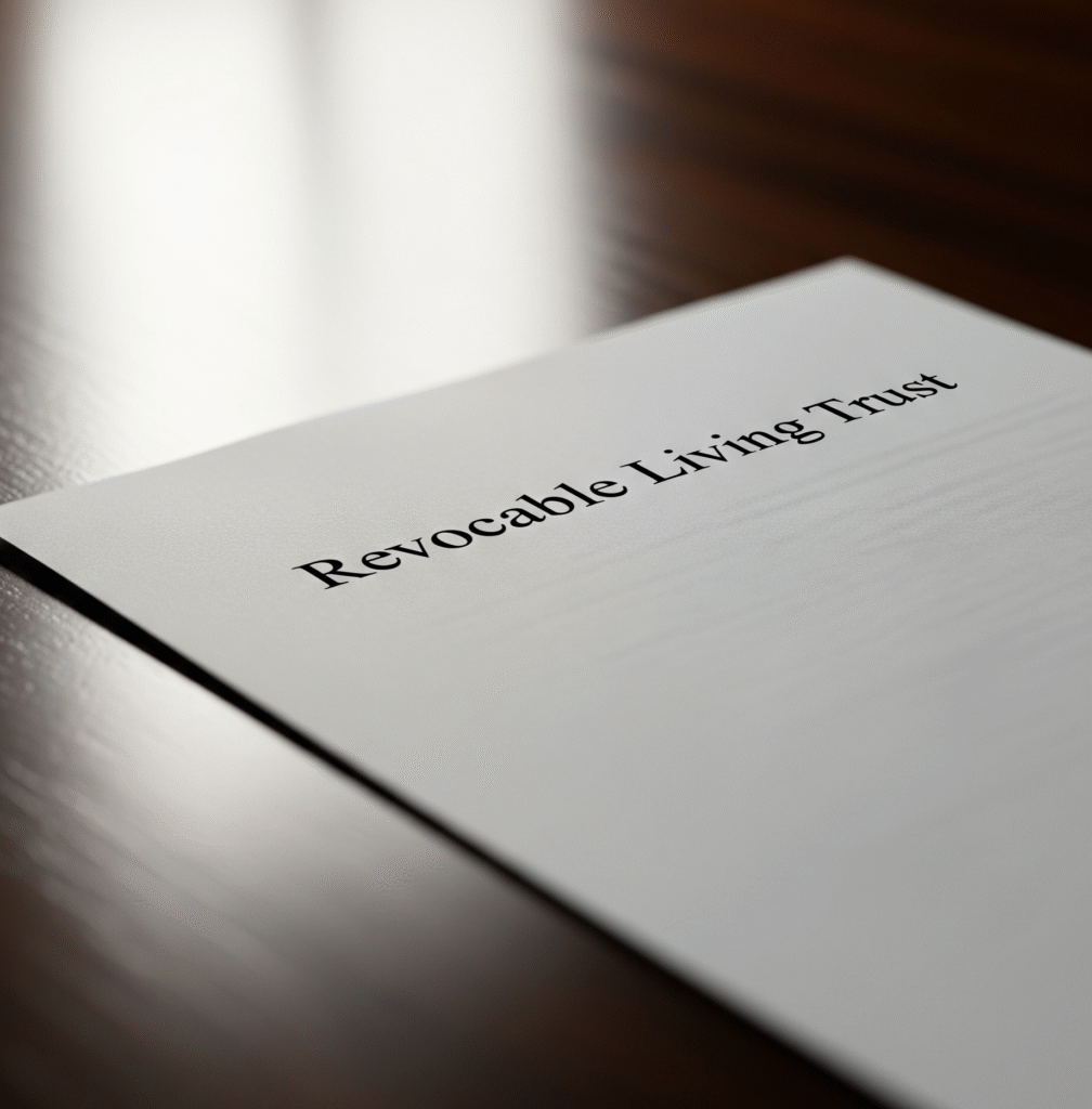 a white sheet of paper saying “revocable living trust” placed on a table