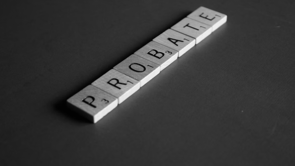 Scrabble tiles spelling “probate” on a black table