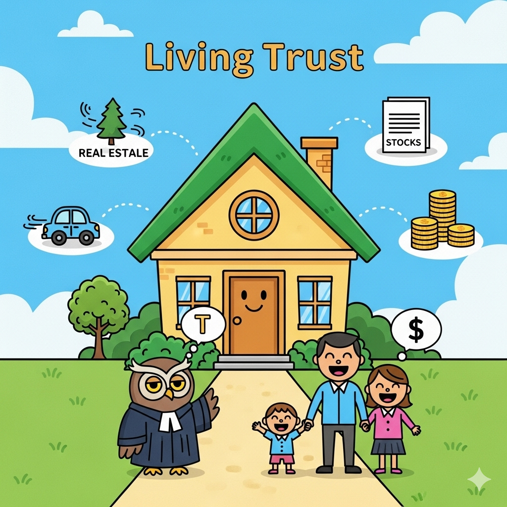 A family standing outside a house, depicting a living trust plan.