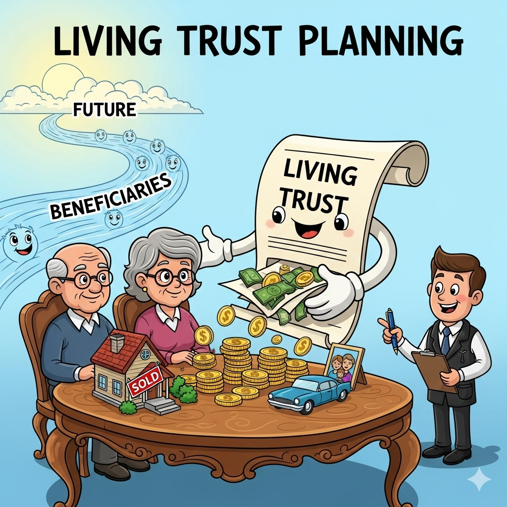 An elderly couple planning living trust with a living trust lawyer.