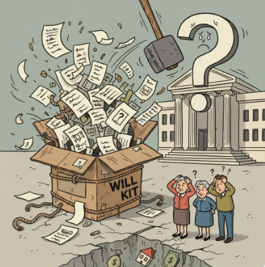 A cartoon illustration of the risks of a DIY will kit in estate planning.