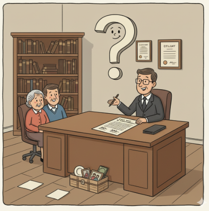 An old couple consulting a last will and testament lawyer.