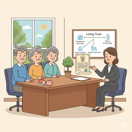 A family consulting a living trust lawyer for incapacity planning.