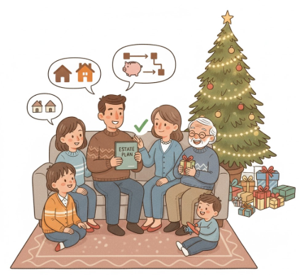 A family during the holidays sitting near the Christmas tree with an updated estate plan.