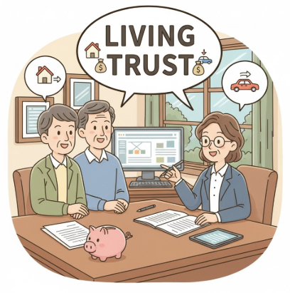 A living trust attorney helping an elderly couple.
