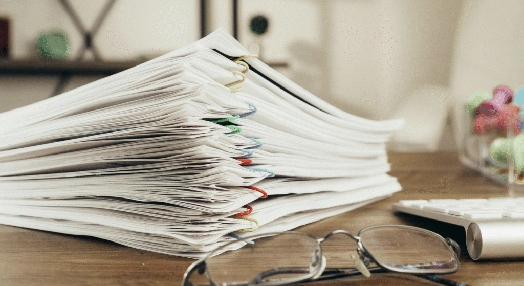 This photo shows stacked papers on a desk.