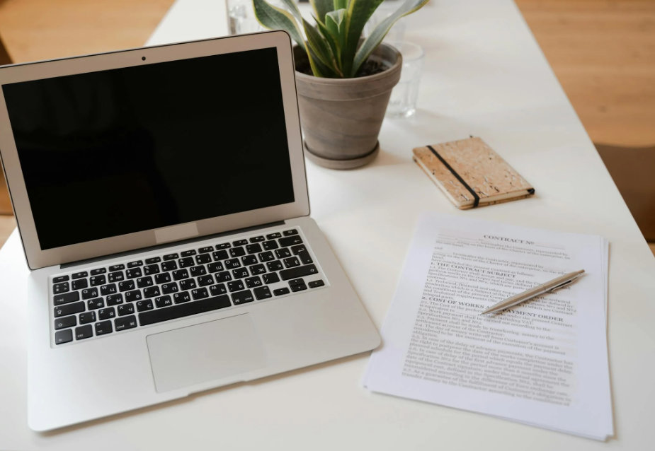 This image shows a laptop near the plant and documents on the table.