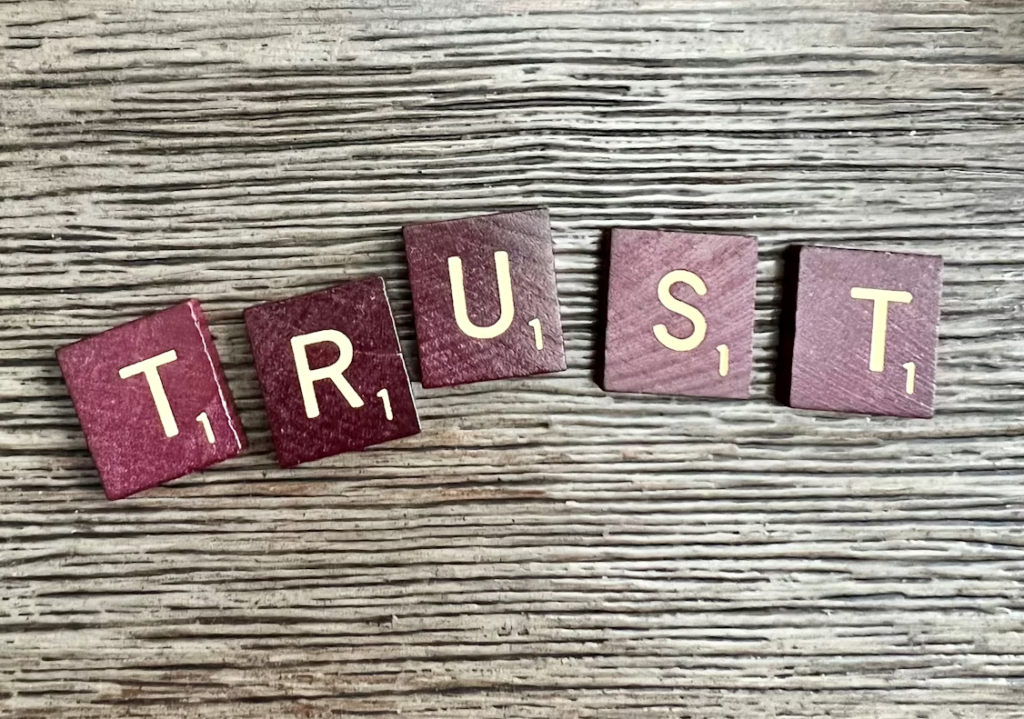 wooden letter blocks spelling “trust.”