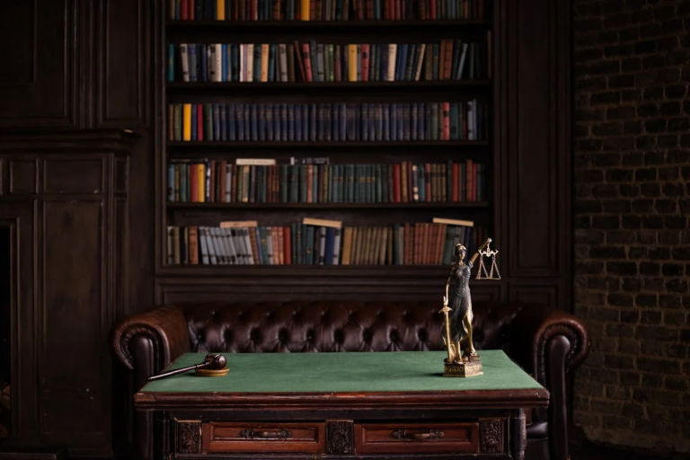 An image of a gavel and a lady justice statue on a table