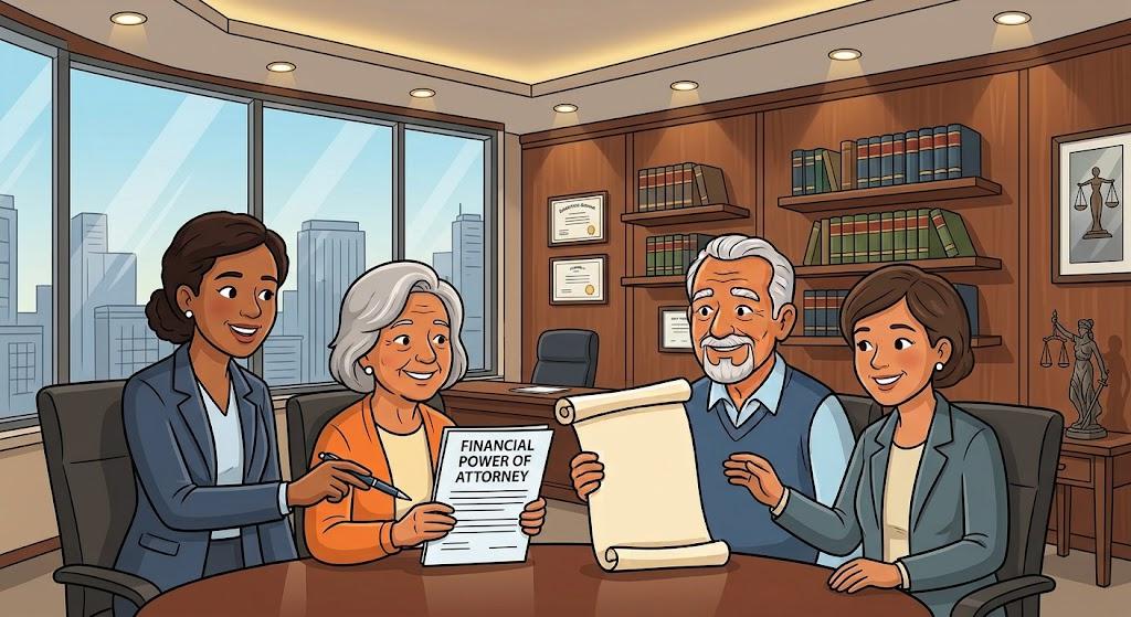 An elderly couple sitting with incapacity planning lawyers in an estate planning law firm.